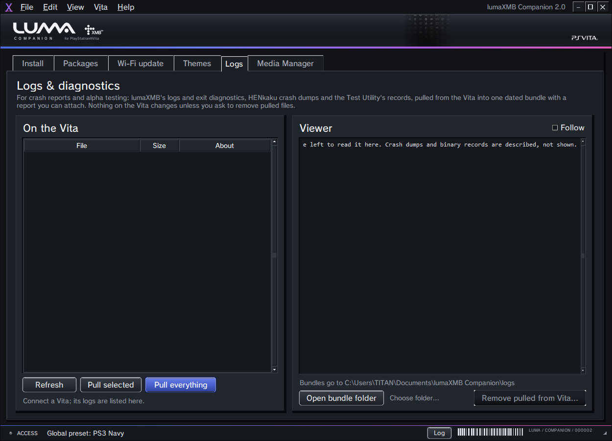 Real Windows Companion Logs tab showing Refresh, Pull selected, Pull everything and Open bundle folder.