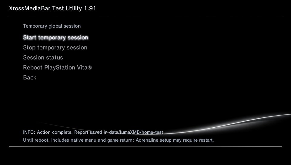 Test Utility Temporary global session menu with Start temporary session selected.